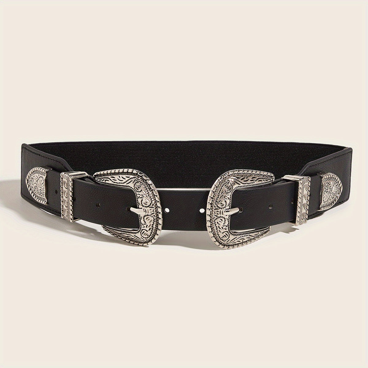 Vintage Carved Double Buckle Belt Solid Western PU Belt