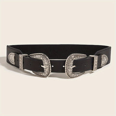 Vintage Carved Double Buckle Belt Solid Western PU Belt
