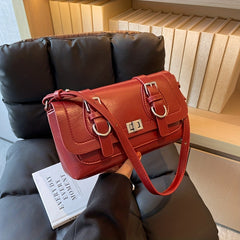 Retro Style Vegan Leather Shoulder Bag Buckle Decor Flap Baguette Bag