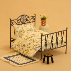 Vintage Iron Bed w/ Floral Headboard & Pink Blanket
