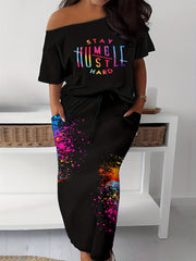 Women's Plus Size Casual Two Piece Set: Letter Print Top & Floral Skirt