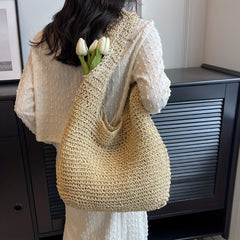 Straw Woven Beach Bag Large Capacity Shoulder Tote Boho Style Travel Holiday