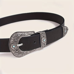 Western Turquoise Engraved Buckle Belt Vintage PU Leather Jeans Pants Belt