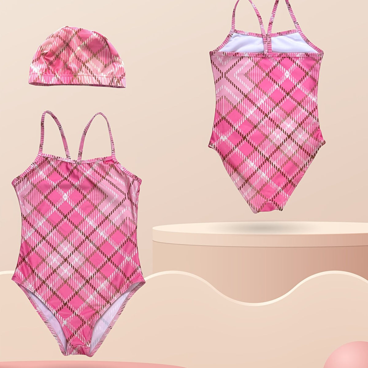 Girl's Plaid One piece Swimsuit & Cap Set Preppy Style Tankini Kids Clothes