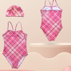 Girl's Plaid One piece Swimsuit & Cap Set Preppy Style Tankini Kids Clothes