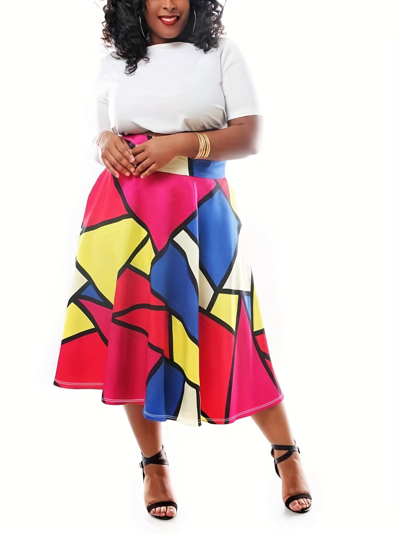  Geo Print Pleated Stretch Skirt