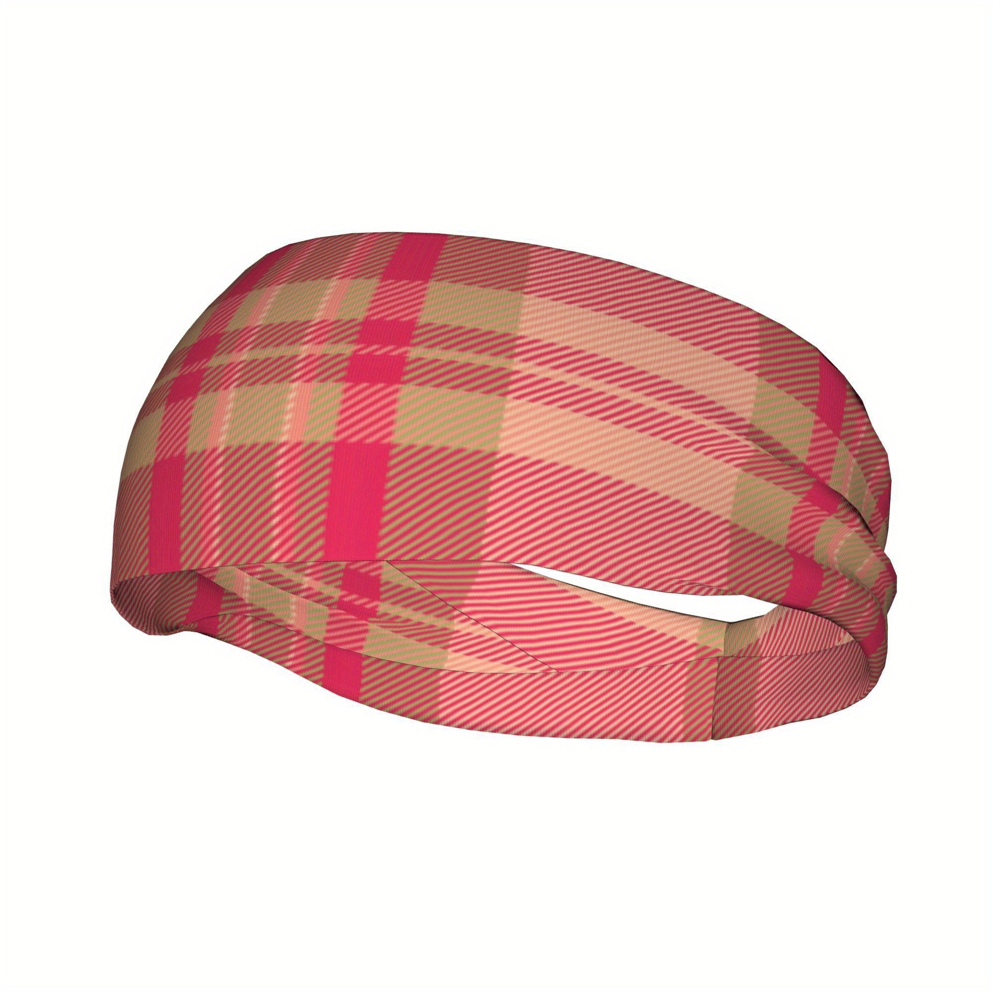 Vintage Plaid Headband Red & Beige Checkered Elastic Fit Sport & Casual