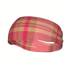 Vintage Plaid Headband Red & Beige Checkered Elastic Fit Sport & Casual