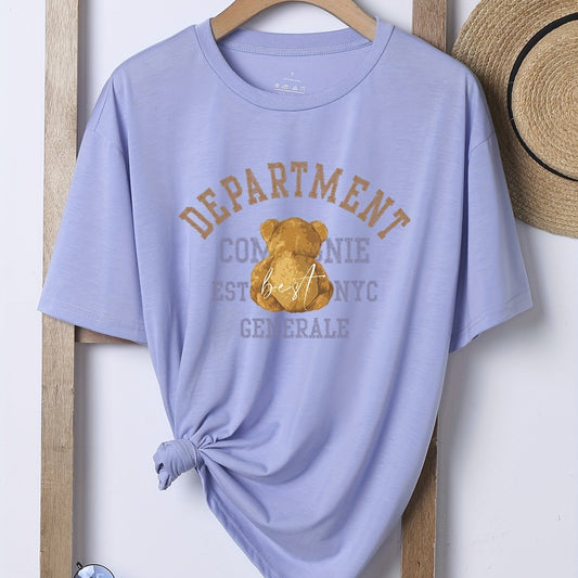 Bear & Letter Print Casual T shirts Crew Neck Short Sleeve Graphic Tee