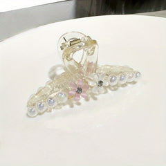Faux Pearl Hair Claw With Flower Jelly Hair Claw Ponytail Holder
