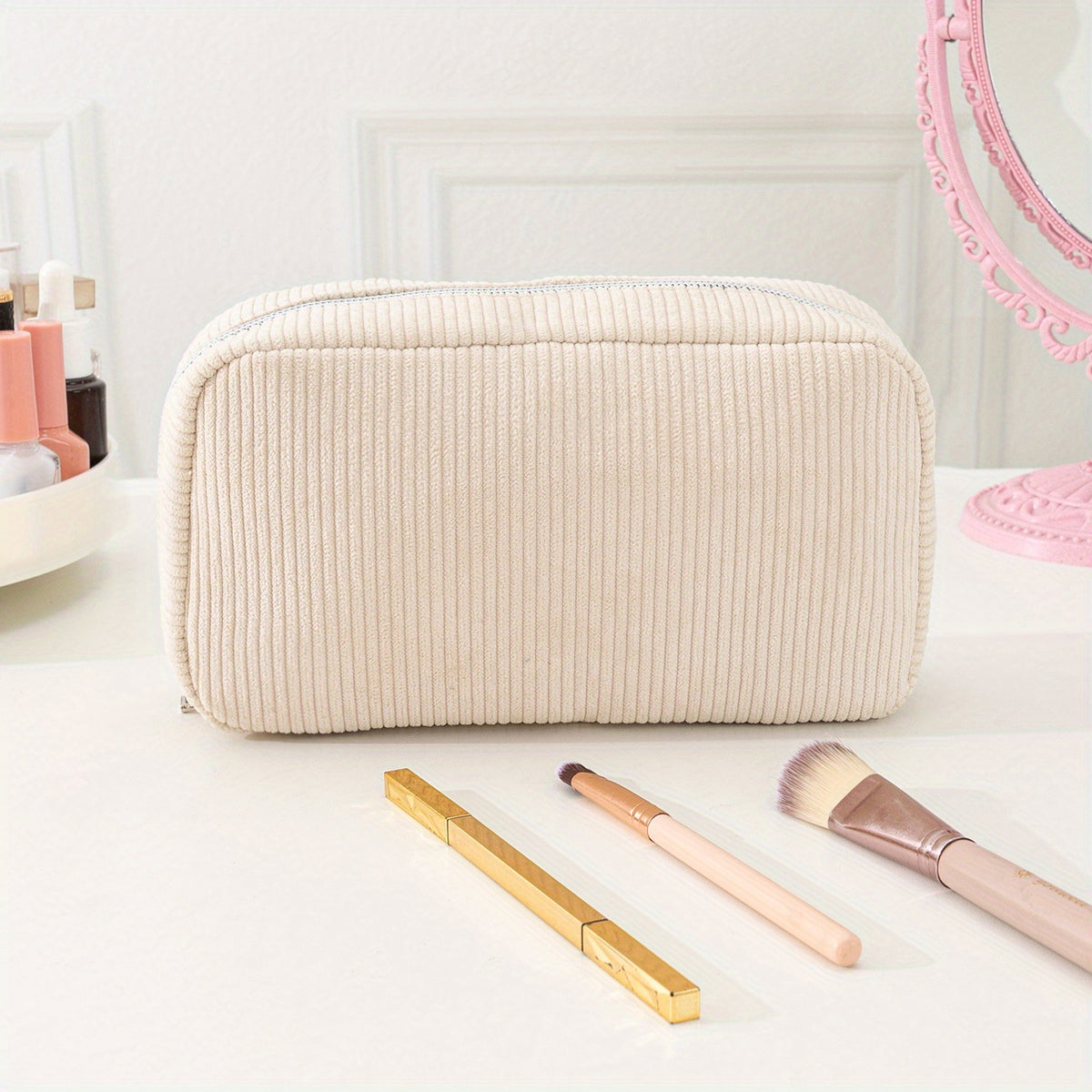 Corduroy Cosmetic Bag w/Silvery Zipper Portable Toiletry Bag