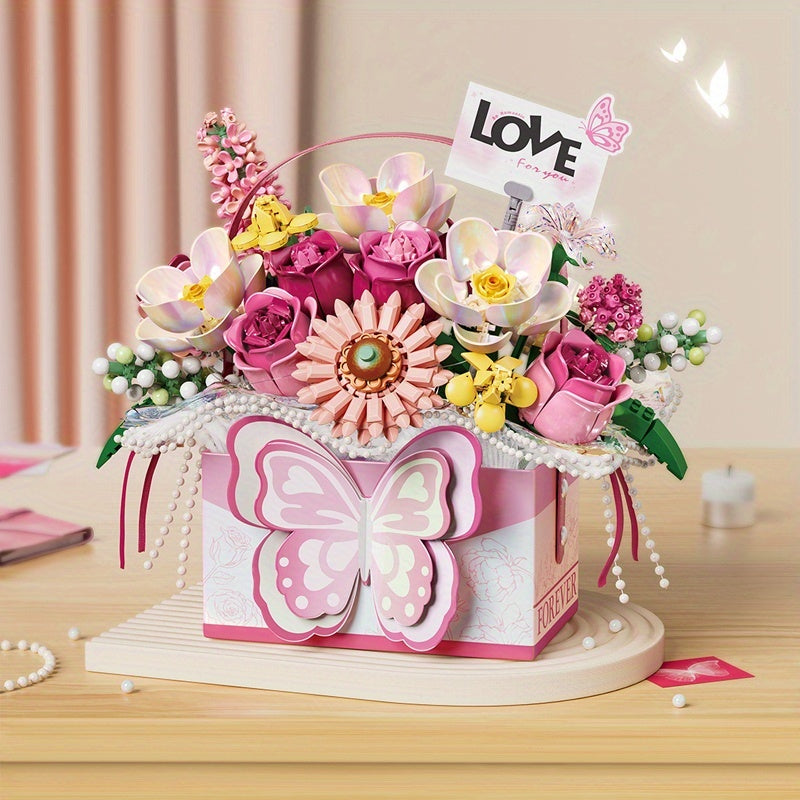 Romantic Flower Basket Bouquet Building Blocks Pink & Purple Floral