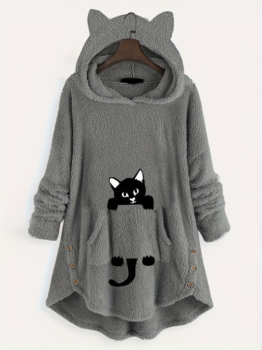 Cat Pattern Print Asymmetrical Loose Hoodies Casual Printed Long Sleeve Hoodies