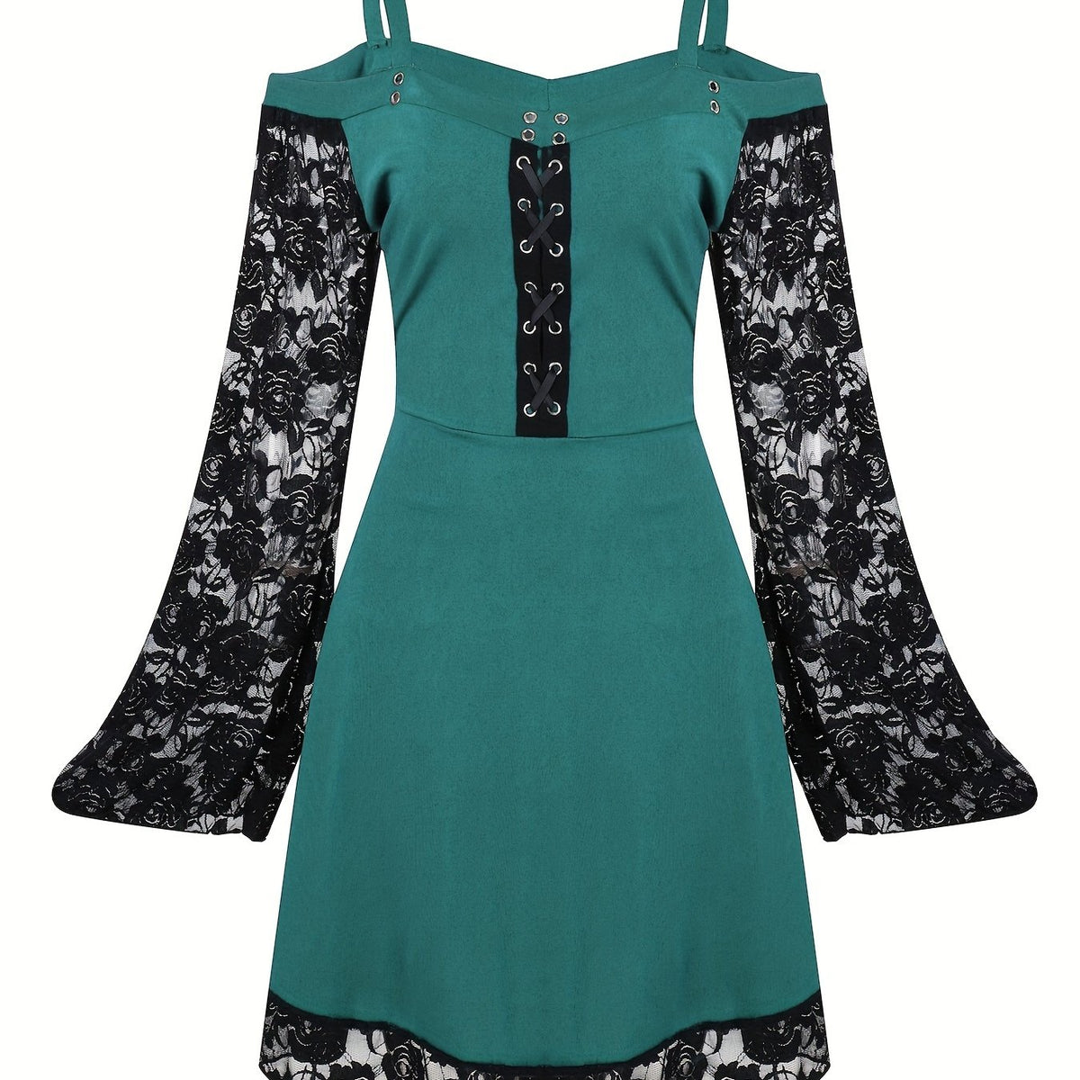  Goth Dress Contrast Lace Bell Sleeve Cold Shoulder Lace Up Dress