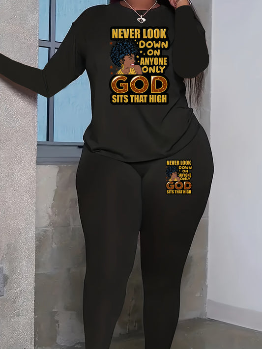  Cartoon Print Long Sleeve Top & Leggings Set