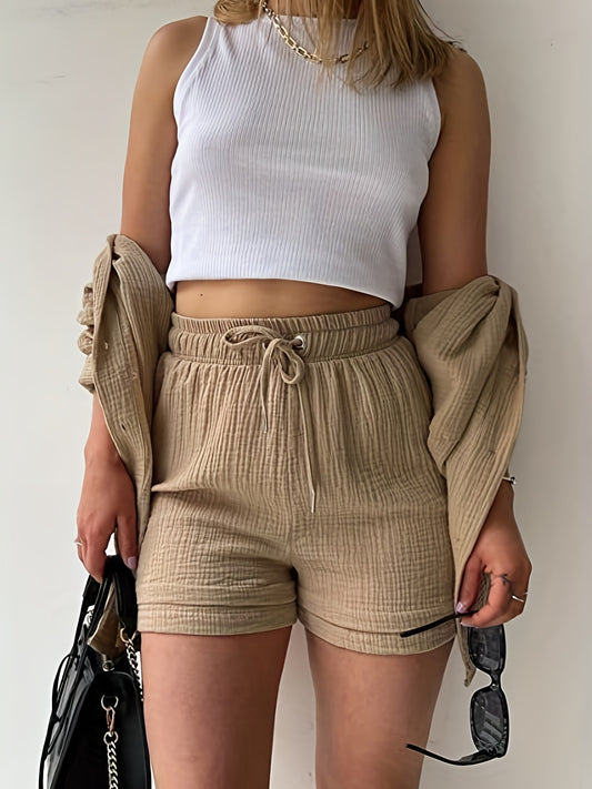Casual Two piece Set Button Front Shirt & Drawstring Waist S