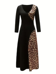 Colorblock Leopard Print V Neck Maxi Dress