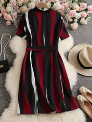  Women's Stripe Print Notched Neck Cap Sleeve Mini Dress