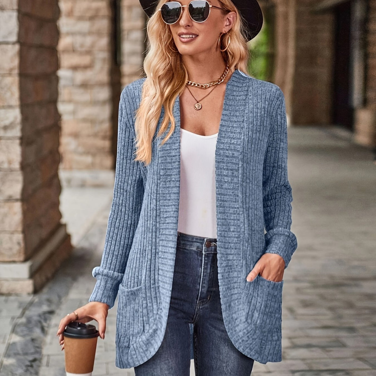  Solid Ribbed Long Sleeve Open Front Cardigan With Pockets