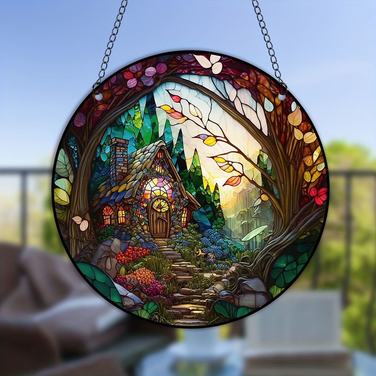 Forest House Suncatcher Stained Plastic Window Hanging Home Garden Decor