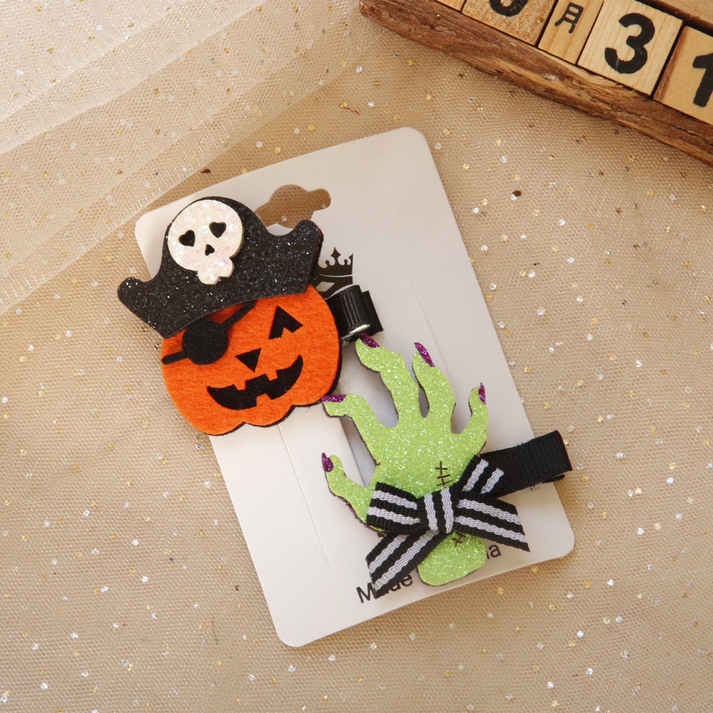 Halloween Pumpkin Ghost Hand Purple Hat Moon Bat Hairpin Clip