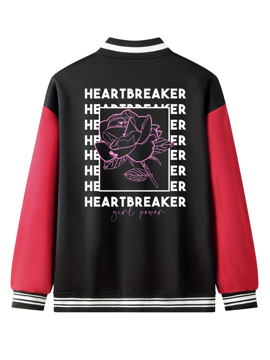Heartbreaker Letter Print Rose Pattern Graphic Baseball Jacket Men