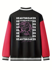 Heartbreaker Letter Print Rose Pattern Graphic Baseball Jacket Men