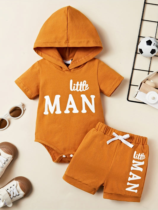 2pcs Baby Boys Little Man Hooded Onesie & Shorts Set