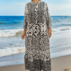 Women's Plus Geometric Print V Neck Smock Maxi Dress