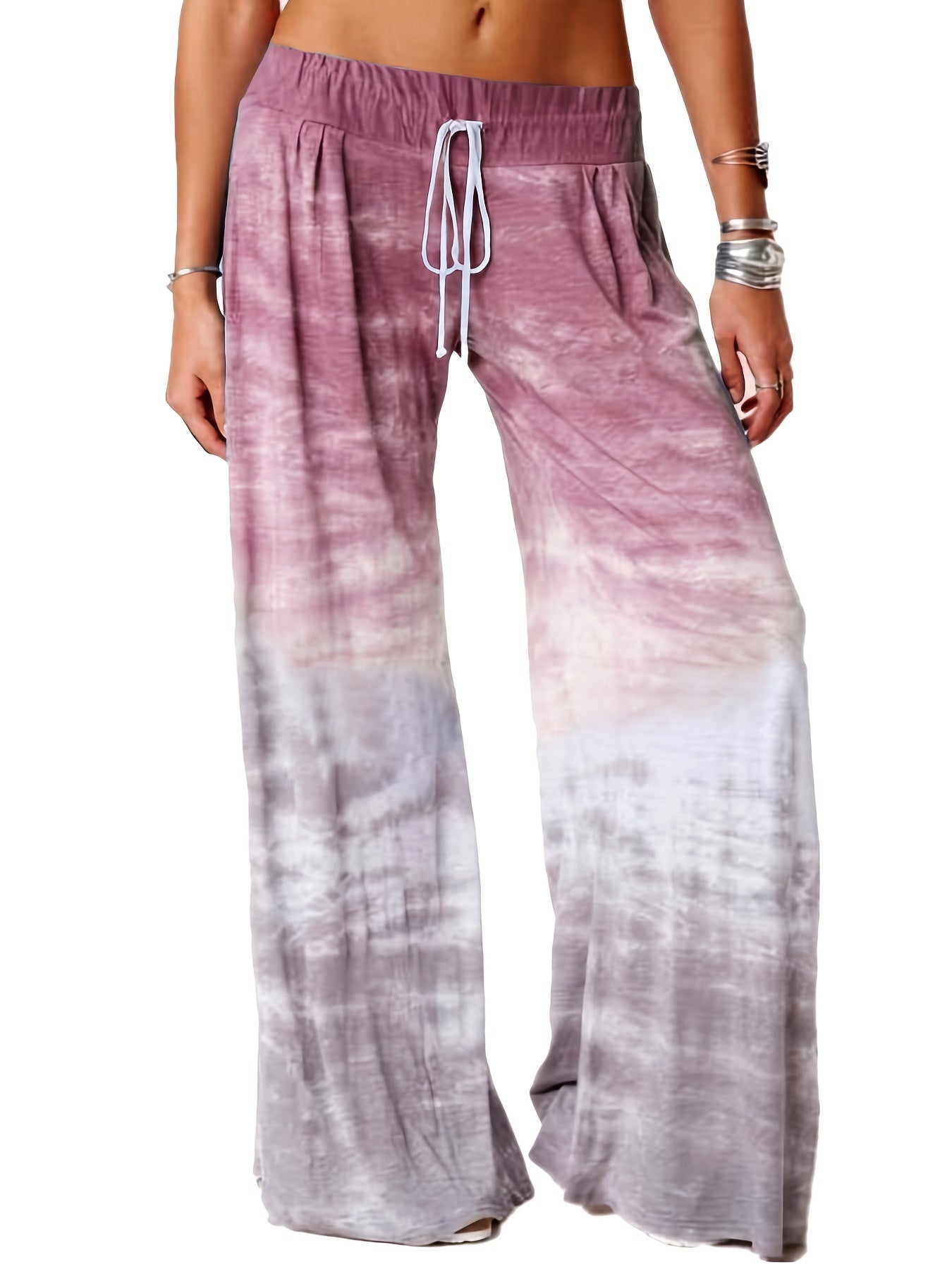  Ombre Print Drawstring Wide Leg Sweatpants