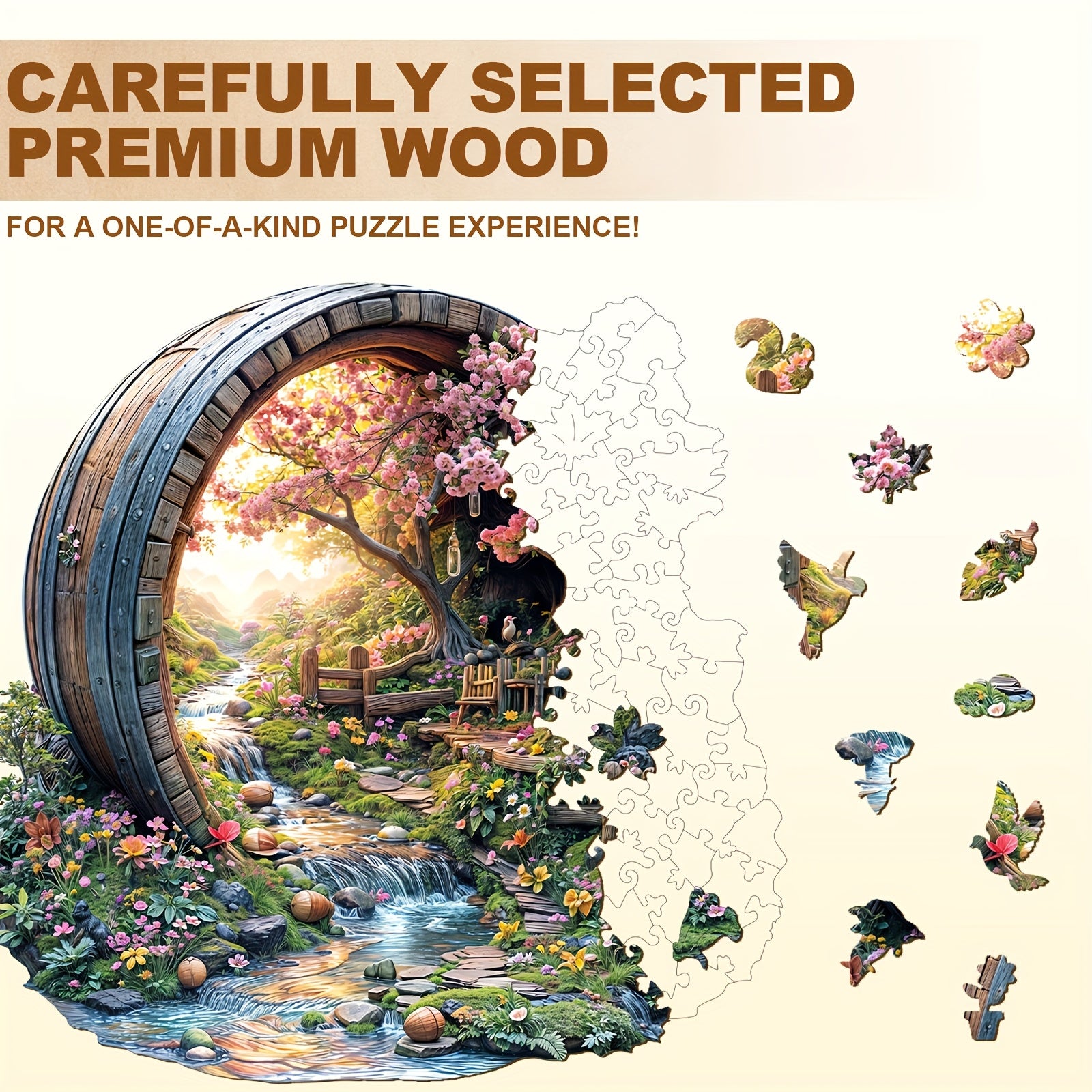 Artistic Wooden Jigsaw Puzzle Enchanted Forest Scene with Waterfall & Flowers