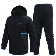 Men's Thick Sports Suit with Hooded Jacket & Stretchy Pants