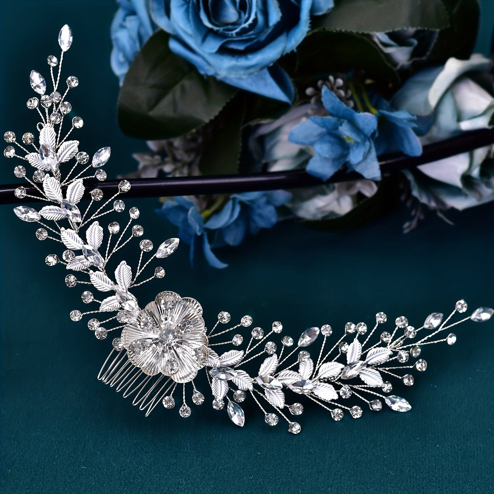 Bride Rhinestone Leaf Headwear Silvery Alloy Flower Hair Comb Wedding Party