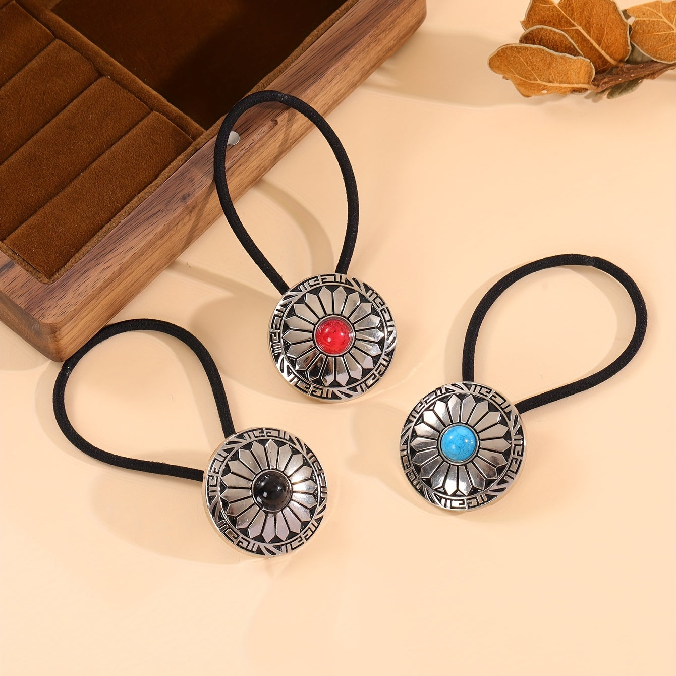 Western Style Hair Tie with Turquoise Decor - Elastic Ponytail Holder