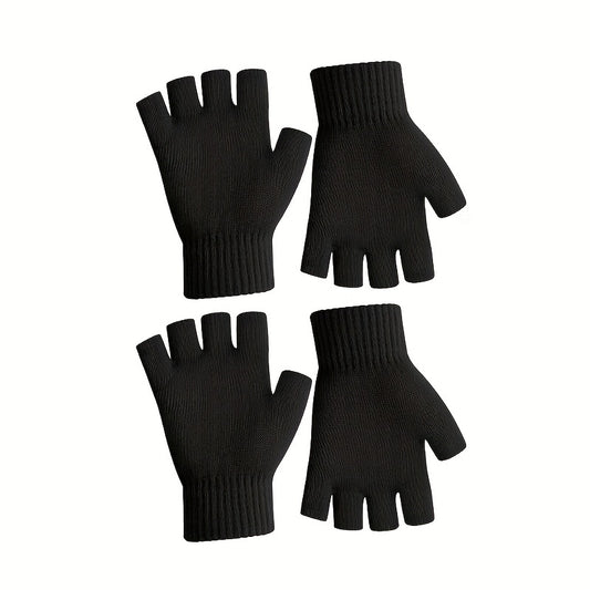 2pairs Men's Winter Fingerless Gloves Knitted Typing Half Finger Gloves