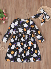 Girls Halloween Pumpkin Pattern Long-sleeved Dress Set