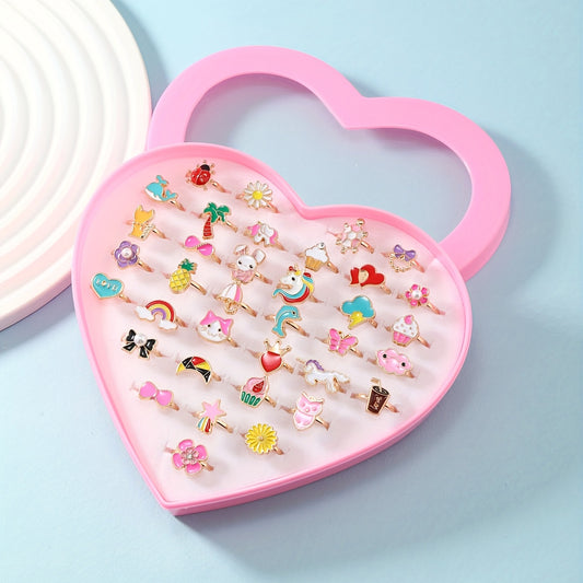 36Pcs Colorful Assorted Shaped Enamel Alloy Ring Set for Girls