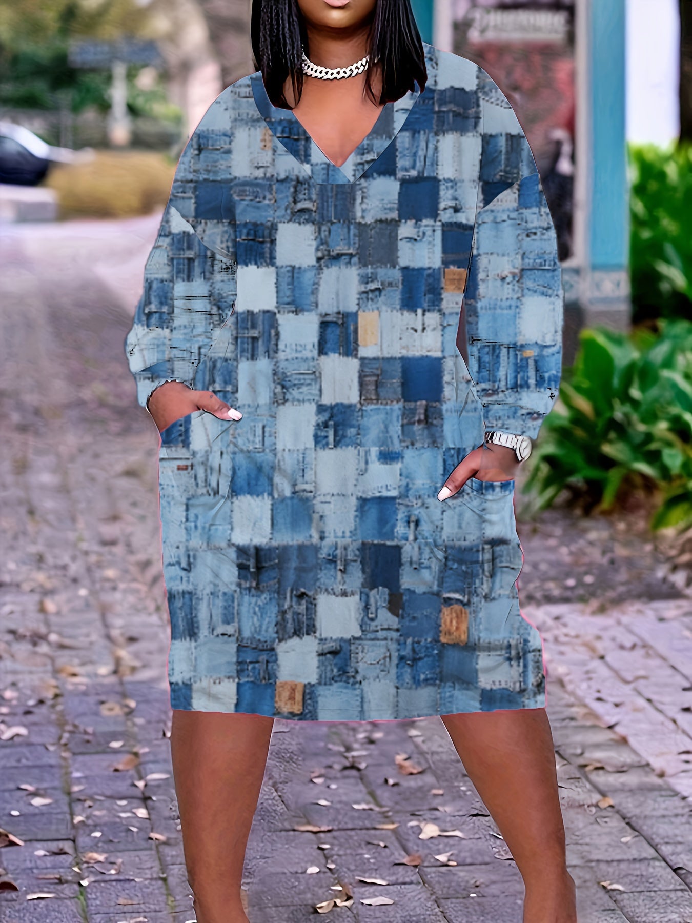  Denim Print Long Sleeve V Neck Dress With Pockets