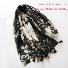 Flower Print Scarf Boho Tassel Shawl Outdoor Beach Travel Windproof Head Wrap