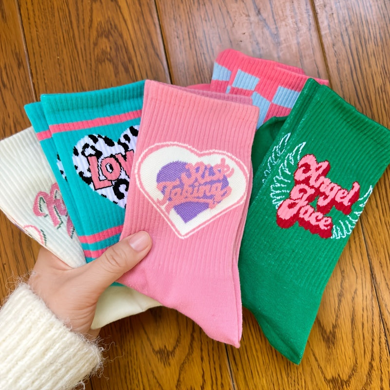 5 Pairs Letter Print Socks Comfy & Breathable Women's Stockings