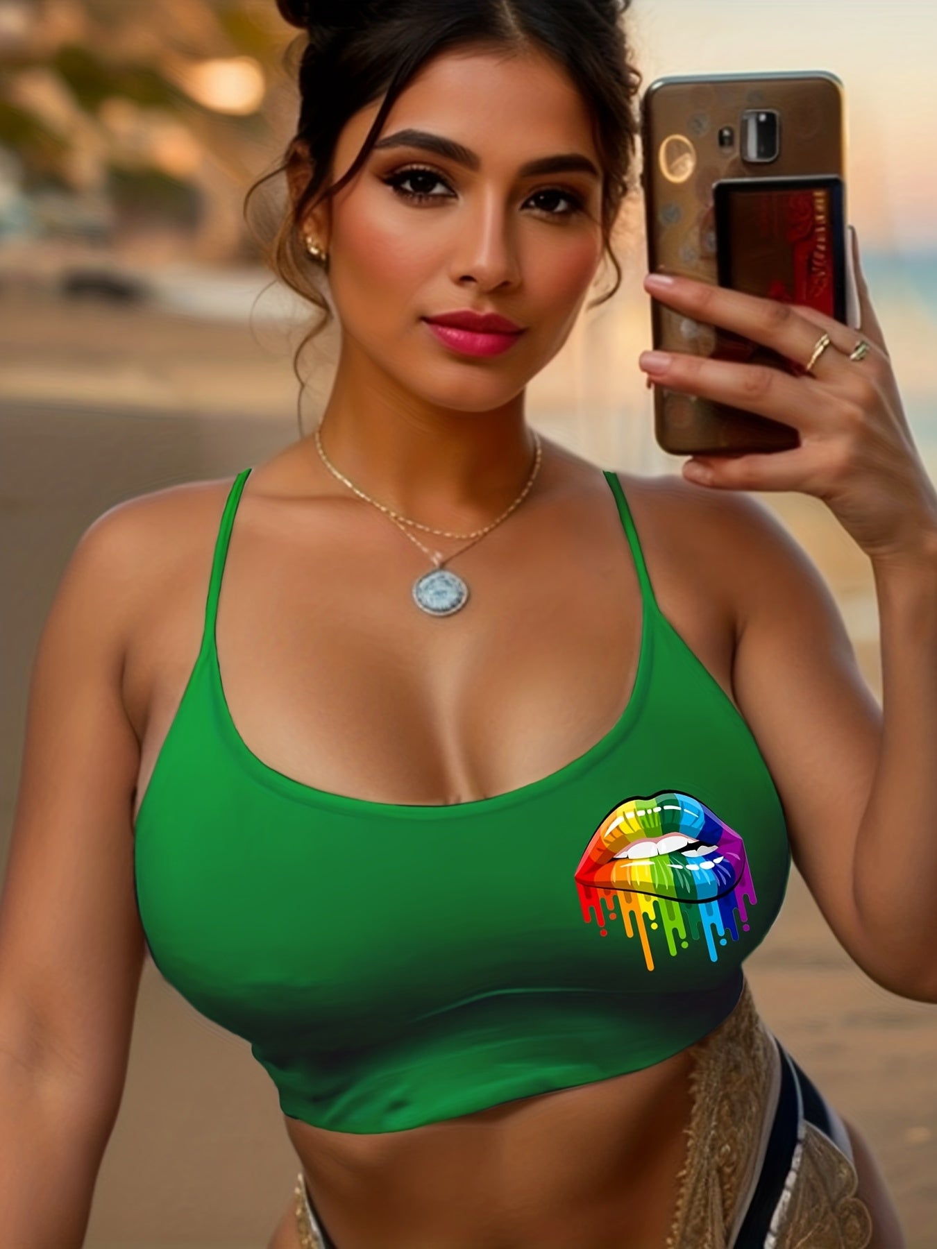Rainbow Lips Print Cami Sleep Tops Sexy Crew Neck Sleeveless Top