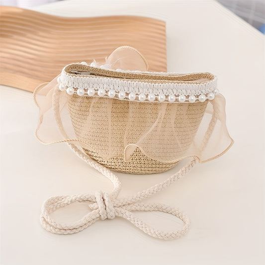 Girls Lace Straw Hat & Handbags Set Sun Protection