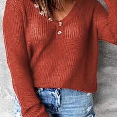  Solid V Neck Button Sweater