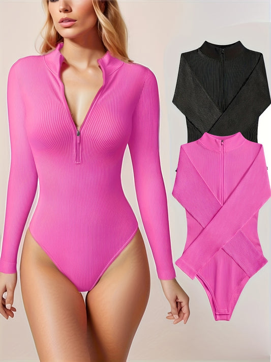 Ribbed Yoga Long Sleeve Zip Jumpsuit Mock Neck Bodysuit
