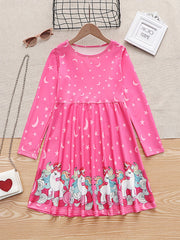 Girls Christmas Tree Print Crew Neck Dress