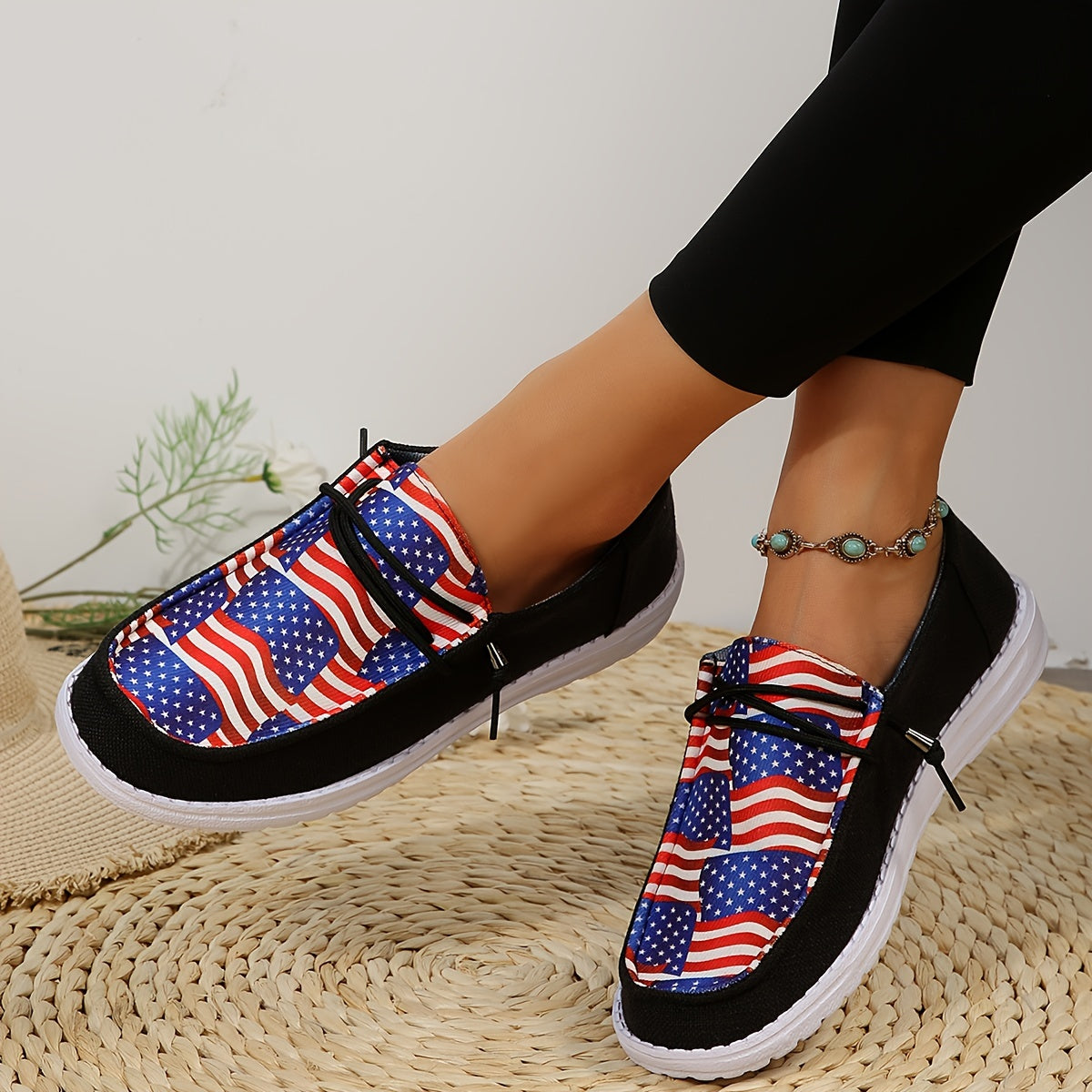 Flag Pattern Low Lace Up Flat Canvas Shoes for Women