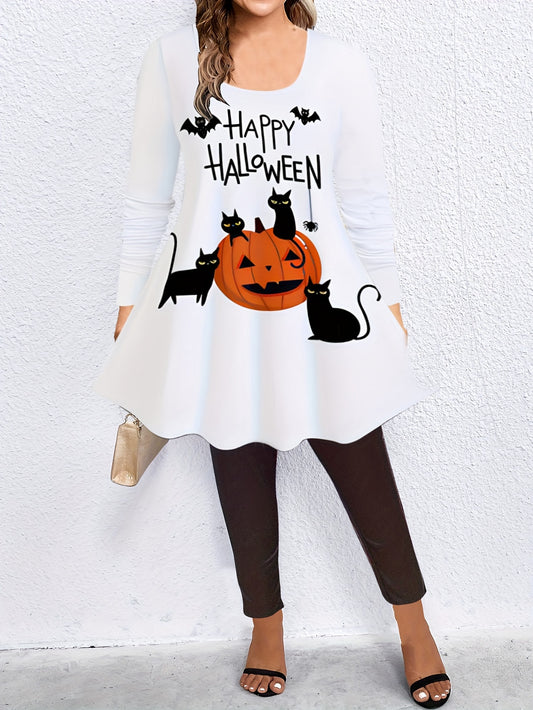 Women's Plus Pumpkin & Cat Print Long Sleeve Tunic Top & Leggings Set