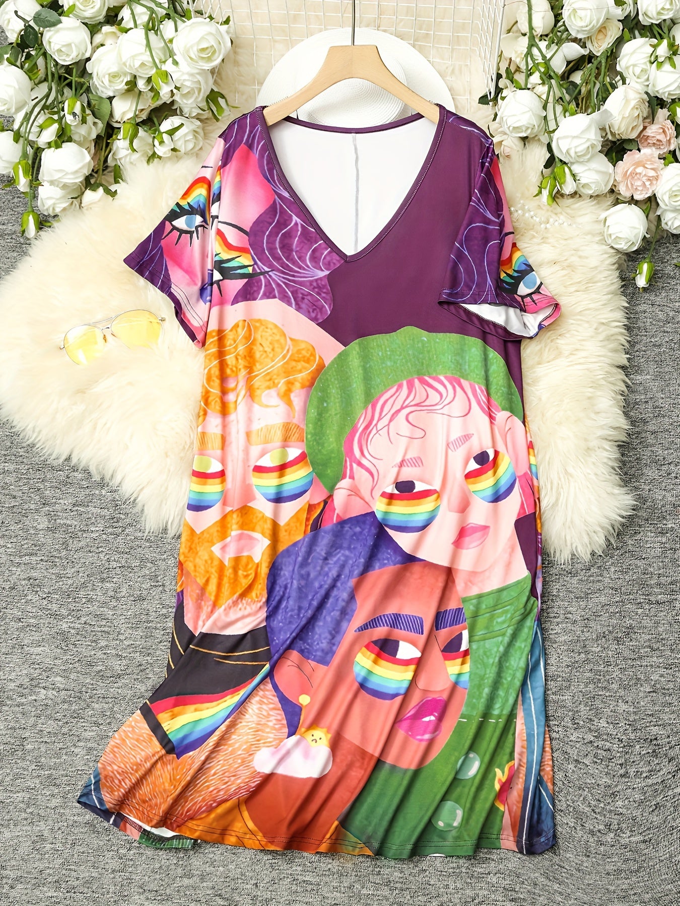  Cartoon Print V Neck Dress