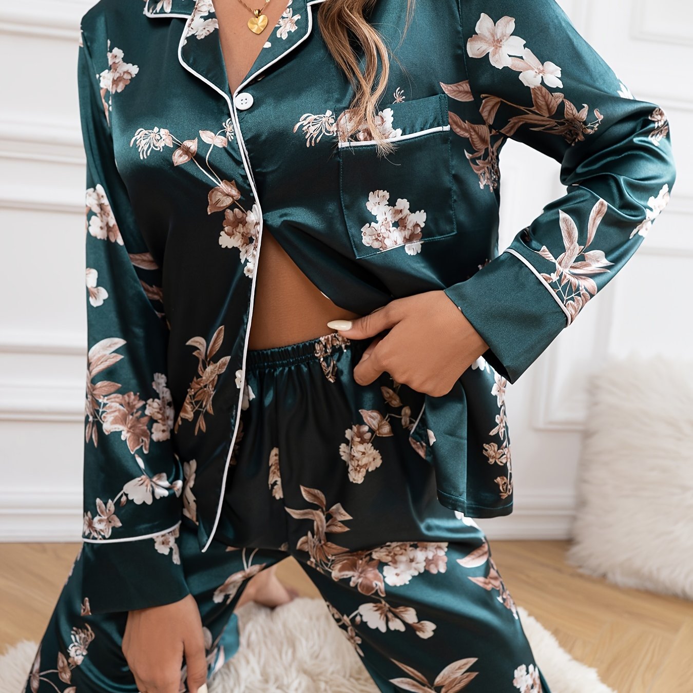 Floral Pattern Pajamas Set Satin Button Up Long Sleeve Blouse & Pajama Pants