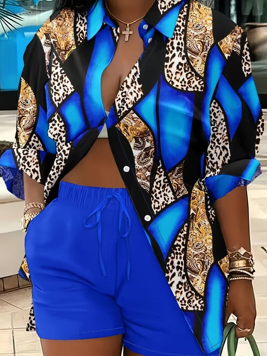  Colorblock Leopard Print Blouse & Shorts 2 Piece Set